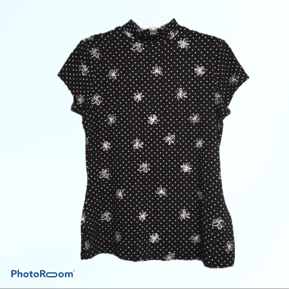 Reitmans Ladies Polka Dot Short Sleeve Black Mock Neck Tee Shirt T-shirt Top